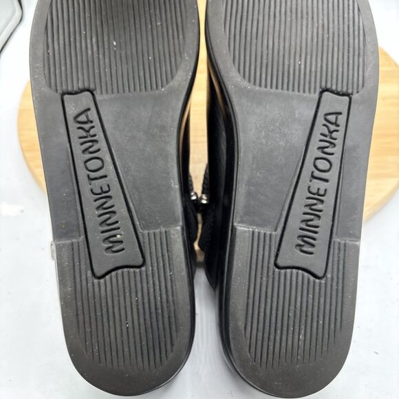 Minnetonka Black Leather Mule Slides Braided Strap Silver Charm Slip on Size 10 - Picture 9 of 10